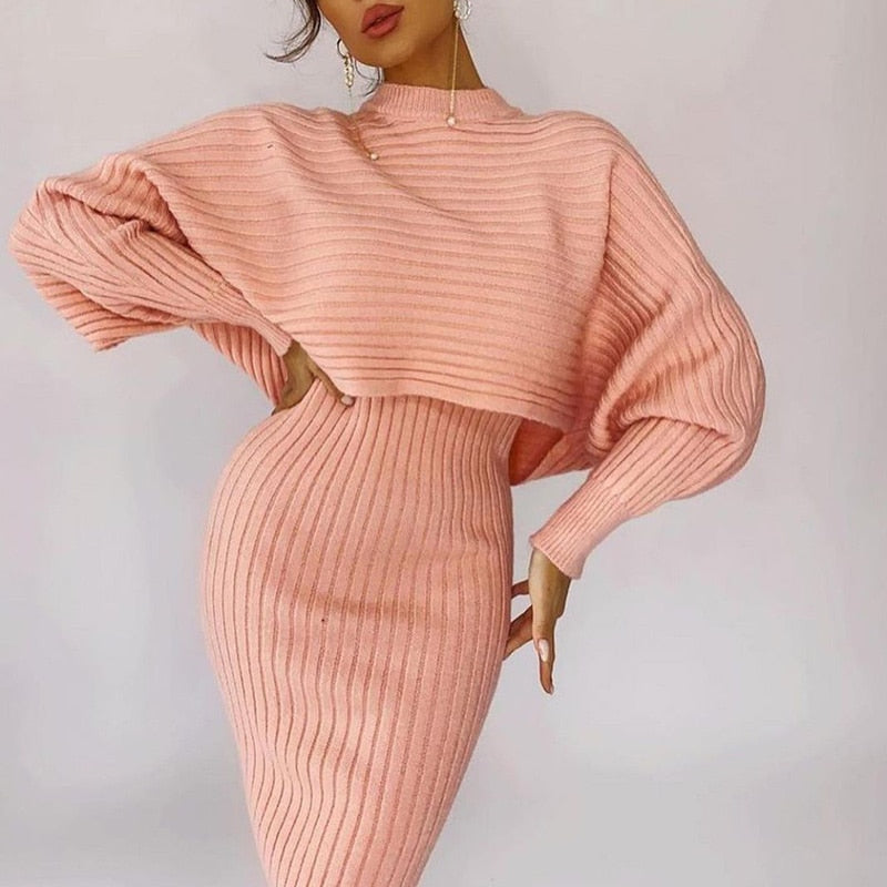 Women Elegant Slim Two Piece Sets Female Sweater Dress Autumn Winter High Waist Knitted Ensemble Femme Medium Long Party Dresses voguable