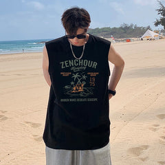 Sleeveless Tank Top Ins American Printed Men Loose T-shirt Beach Sports Casual Tops Male Summer New Cotton Round Neck Tees voguable