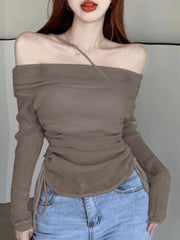 Sexy Off-Shoulder Long-Sleeved T-Shirt Autumn Casual Drawstring Pleated Tees Women Solid Slim Tops voguable