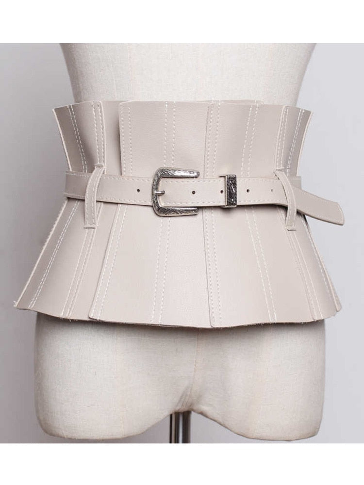 New Spring Summer Pu Leather Black Ruffles Buckle Split Joint Personality Wide Belt Women Fashion All-match voguable