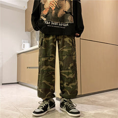 Cargo Pants Men American Retro Camouflage Loose Spring High Street Trendy Oversize Drawstring Pockets Handsome Combat Bottoms voguable