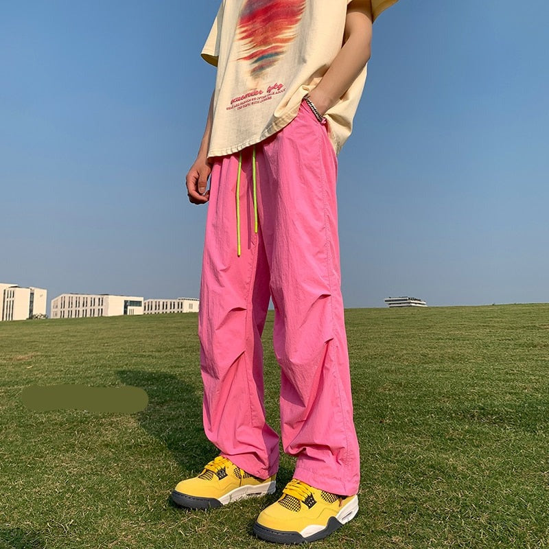 American Trend Y2k Parachute Casual Pants Mens Baggy Solid Color Quick Drying Cargo Pants Waterproof Ice Silk Straight Trousers voguable