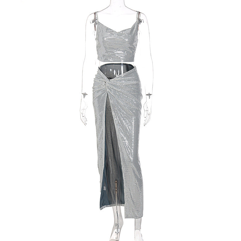 Voguable  Sleeveless Lady Maxi Dresses Elegant Women Two Piece Irregular Party Dress Floor Length Dress Draped High Slit Dress Club Wear voguable