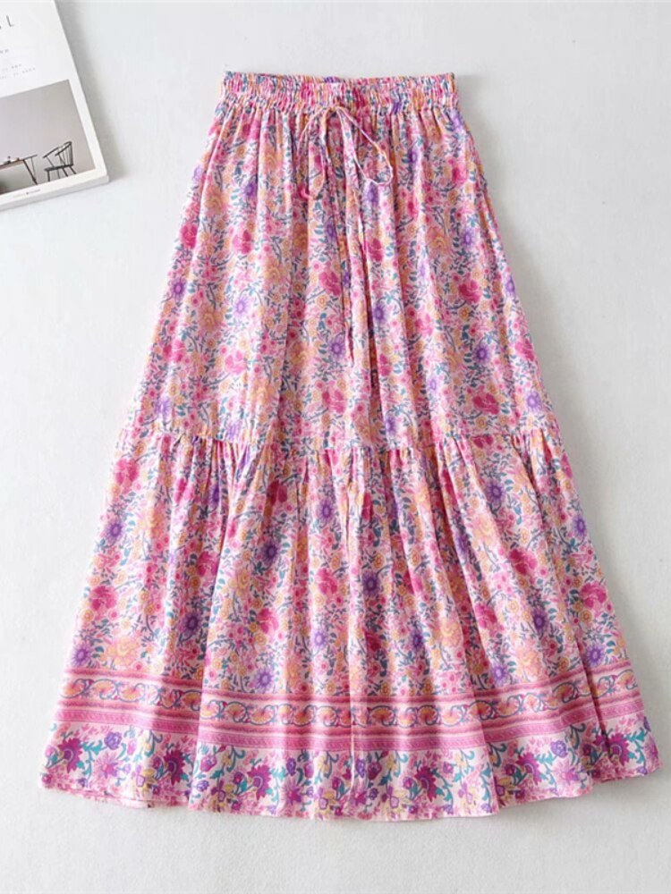 Vintage Chic Fashion Women Pink Floral Print Split Beach Bohemian Skirt High Elastic  A-Line Boho Rayon Maxi Skirts Femme voguable