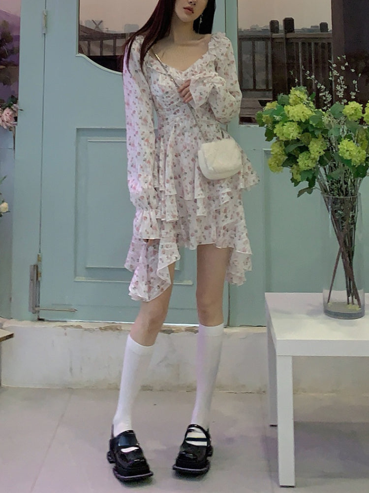 Voguable  2022 Summer Floral Short Party Dress Women Beach V-Neck Y2k Mini Dress Vintage Female Fairy Elegant One Piece Dress Korean Chic voguable