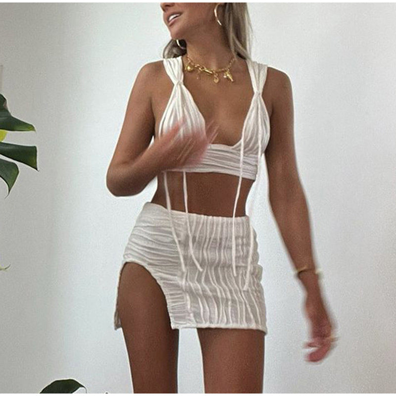 Voguable  White Women's Suits With Skirt Jacquard Knitted Chic 2 Pieces Set Beach Rave Crop Tops Split Mini Skirts Sexy Outfits For Woman voguable