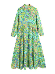 Paisley Print Shirt Dress Elegant Autumn Spring Green Dress Floral Print Boho Female Maxi Dress Long Sleeve Dress 2023 voguable