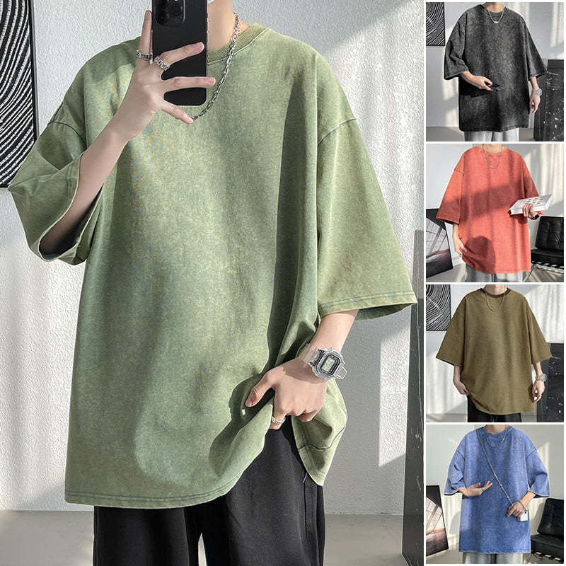 Heavy Fabric Vintage Men Oversized Tees Summer Short Sleeve Casual O neck Man Tshirt Acid Washed T-shirts Tops voguable