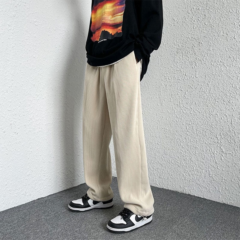 New Corduroy Men's Casual Pants Drawstring Designer Loose Straight Trousers For Man Streetwear Solid Color Male Pant voguable