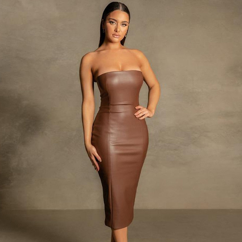 Women Sexy Strapless Tube Top Midi Dress Off Shoulder Bodycon Sexy Party Faux Leather Dress vestidos de mujer party dresses voguable
