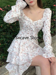 Voguable  2022 Summer Floral Short Party Dress Women Beach V-Neck Y2k Mini Dress Vintage Female Fairy Elegant One Piece Dress Korean Chic voguable