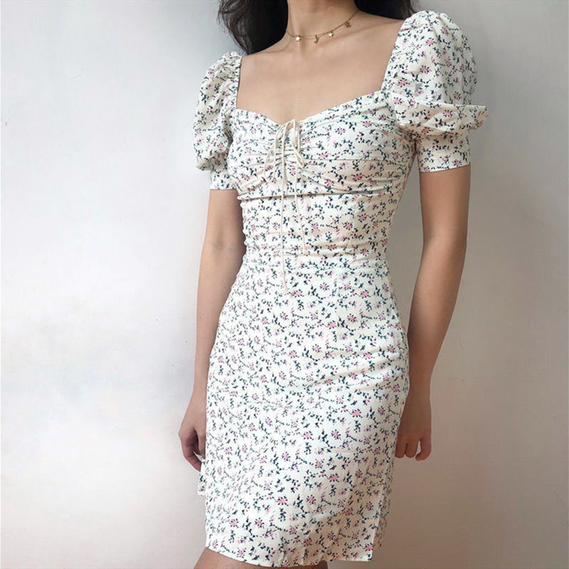 2022 Summer French Prairie Chic Retro Chiffon Floral Sheath Puff Sleeve Square Collar Drawstring Tie Slim High Waist Women Dress voguable