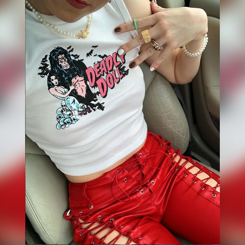 Women's Lace Up PU Leather Pants Chic High Waist Hollow Out Sexy Y2K Drawstring Bandage Cut Out Gothic Faux Leather Trousers voguable