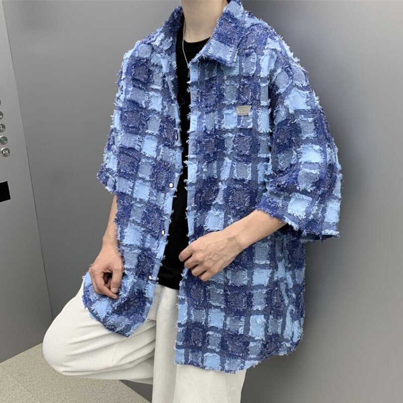 Shirts Men Plaid Vintage Summer Japanese Style Loose All-match Casual Handsome Streetwear Cool Fashion Teens Clothing Simple New voguable