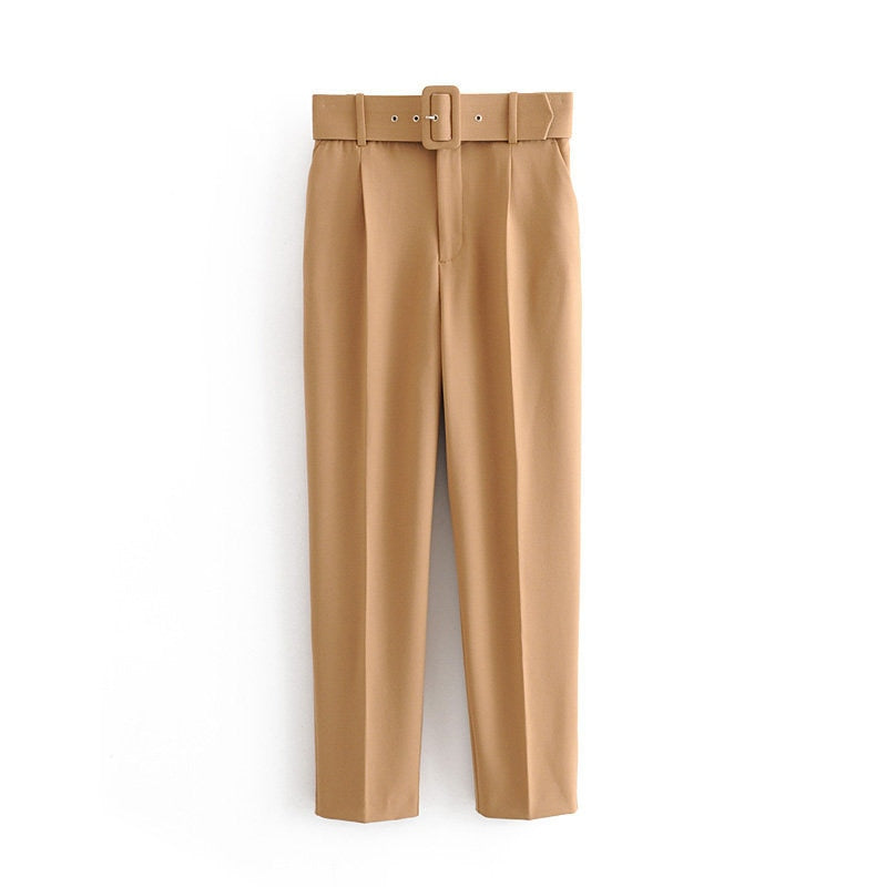 Voguable  Women's Pants High Waist With Belt Classic Pockets Office Lady Ankle Length Trousers Female 2022 Spring Fashion Pink Harem Pants voguable