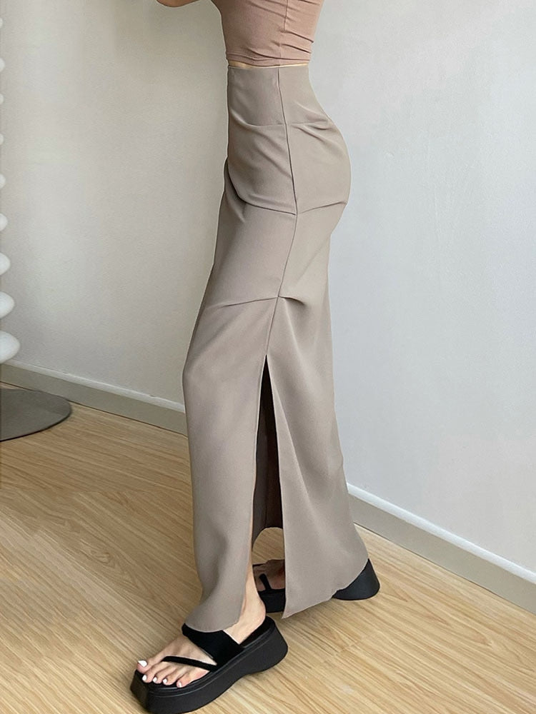 Elegant Skirt for Women Solid Wild Slim-fit Asymmetric Folds Slit High Waist Zipper Female Long Skirts Mujer Streetwear voguable