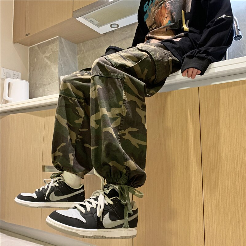 Cargo Pants Men American Retro Camouflage Loose Spring High Street Trendy Oversize Drawstring Pockets Handsome Combat Bottoms voguable