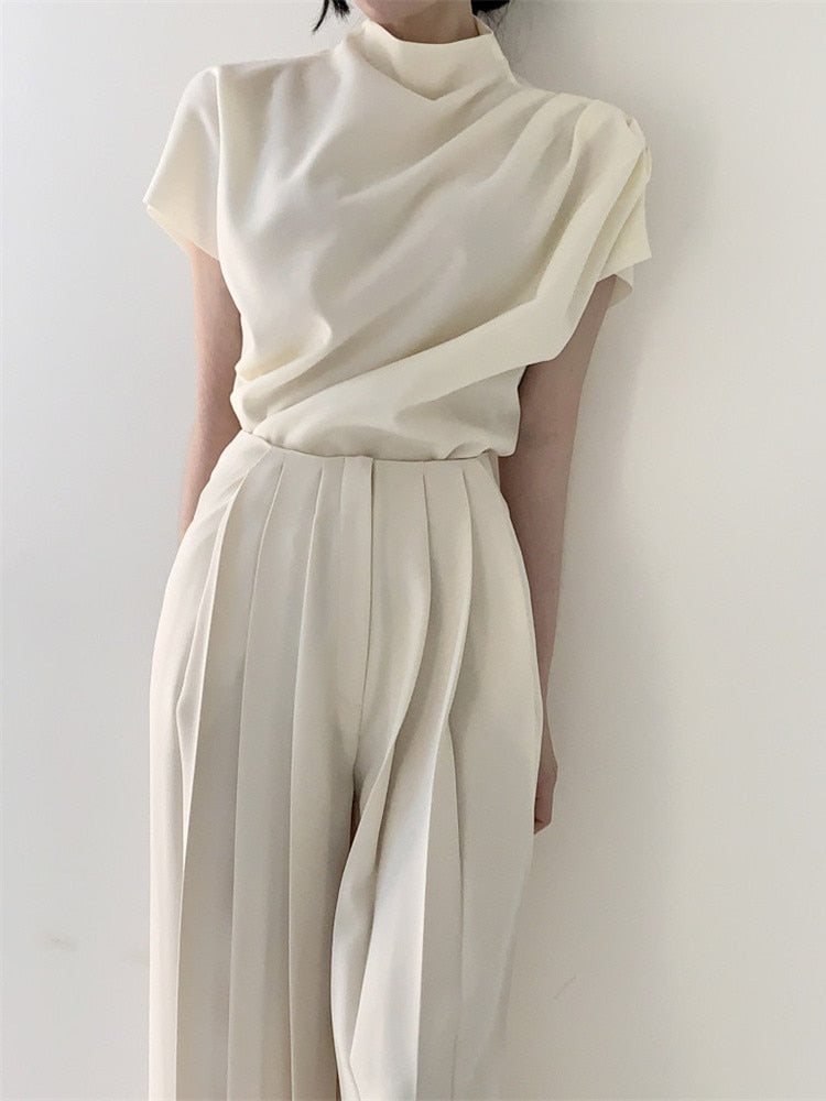 Women Summer Two Piece Set Korean Chic Stand Collar Top + High Waist Pleated Casual Pants Trousers Office Lady 2 Piece Suits voguable