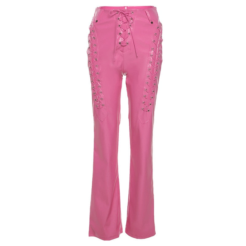 Women's Lace Up PU Leather Pants Chic High Waist Hollow Out Sexy Y2K Drawstring Bandage Cut Out Gothic Faux Leather Trousers voguable