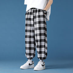 Voguable  Korean Men Plaid Pants Vintage Drawstring Joggers Wide Straight Trousers Man Streetwear Fashion Black White Checkered Pants voguable