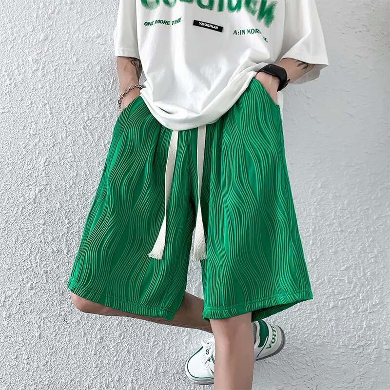 Summer 4-color Pleated Shorts Men Fashion Casual Ice Silk Shorts Men Japanese Streetwear Loose Straight Shorts Mens Beach Shorts voguable