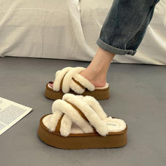 Slippers Casual Shoes Flock Platform Med Slipers Women Fur Flip Flops Slides Luxury Flat Plush PU Rubber Basic Fur Shoes Wo voguable