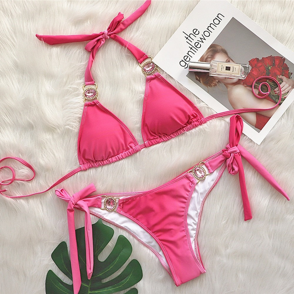 Gradient Print Bikinis Sexy High Cut Swimsuit Women Luxury crystal Swimwear Bathing Suit String Biquinis Beach Wear voguable