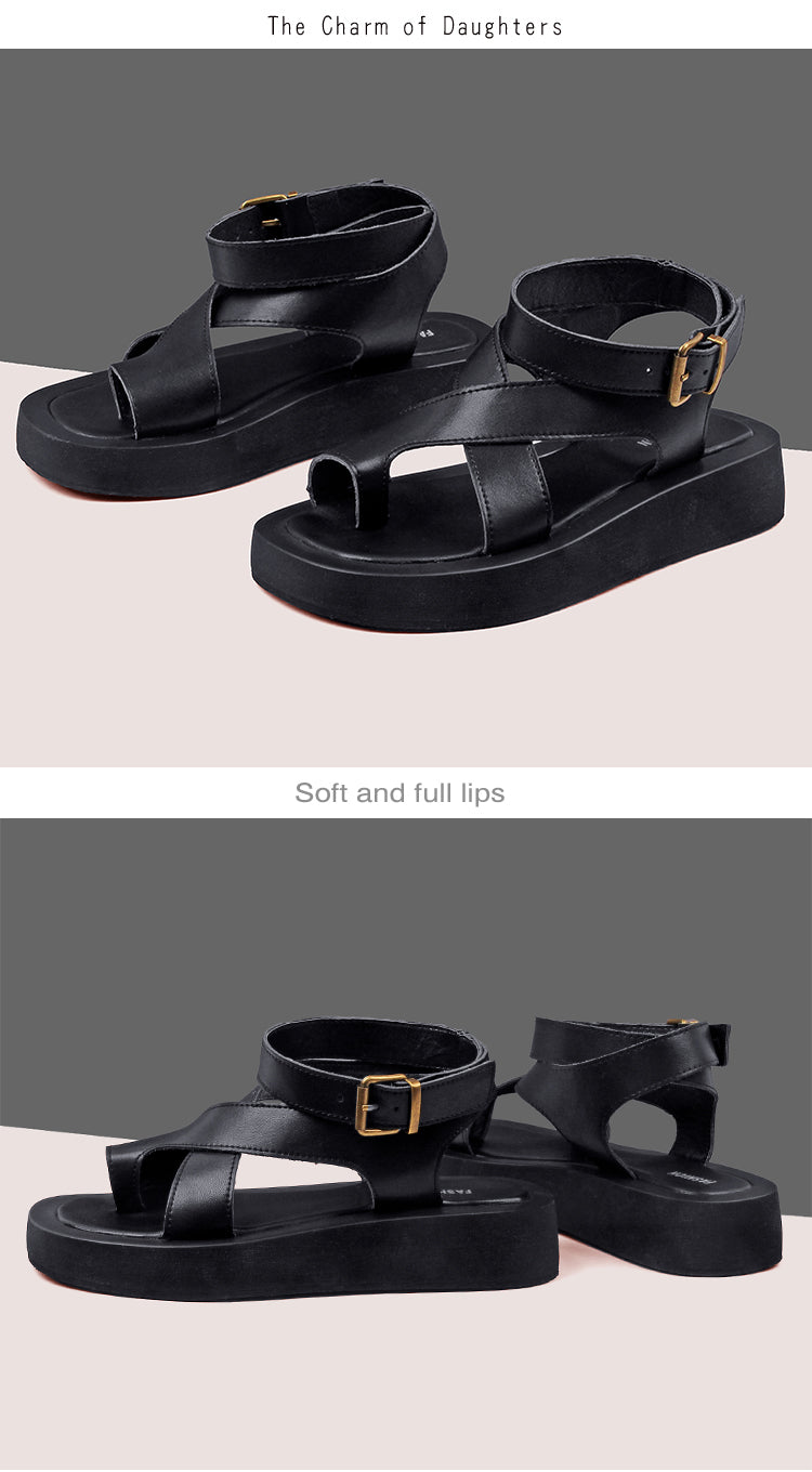 Voguable  Sandals Women Genuine Leather 2022 Summer New Clip Toe Sandals Ladies Roman Women Shoes Muffin Sandals voguable