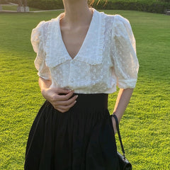 Summer Hollow Flower Lace Blouse Women 2023 Korean Chic Puff Short Sleeve Woman Shirt Peter Pan Collar Solid Loose Tops voguable
