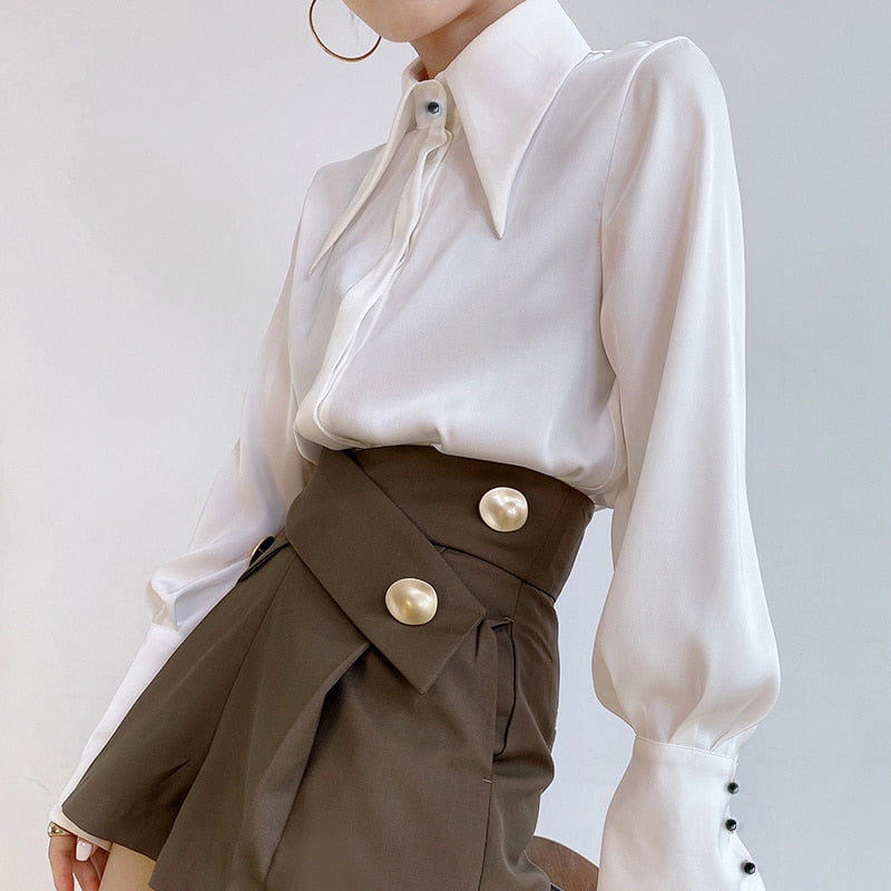 Autumn Vintage Satin Silk Women Shirt Elegant Turn Down Collar Woman Blouse White Long Sleeve Ladies Shirts Tops Blusas voguable