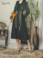Retro Preppy Strapped Plaid Blazer Jacket + Suspender Dress Spring Autumn 2pcs Suit Vintage Dark Green Palace Style Set voguable