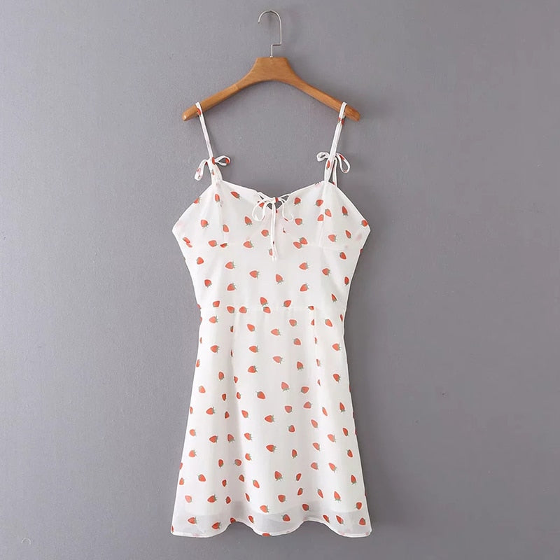 Voguable  Strawberry Print White Chiffon Long Dress Women Spaghetti Strap Vintage Boho Summer Beach Maxi Dress Sleeveless Sundress voguable