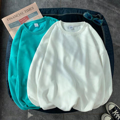 Spring Autumn Solid Loose Round Neck Sweater Mens Korean Fashion Y2k Full Sleeve Pullover Sweater Male Round Neck Casual Tops voguable