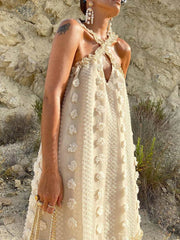 voguable 2022 Elegant Slip Holiday Hollow Out Sundress Sleeveless Halter Maxi Summer Dress For Women Fashion Ruffle Beach Long Robe voguable