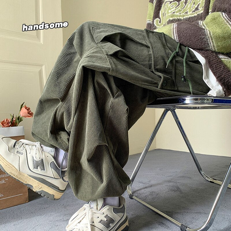 Autumn Winter Corduroy Pants Men Fashion Oversize Pocket Cargo Pants Men Streetwear Hip Hop Loose Straight Pants Mens Trousers voguable