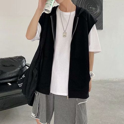 With Hat Vests Man Loose Trendy Waistcoats Students Zipper Solid Pockets Casual All-match Simple Sleeveless Jackets Korean Style voguable