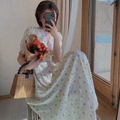 Vintage Floral Dress Women Elegant Lace Chiffon Korean Party Dress Puff Sleeve V Neck Midi Dress Fall Dresses for Women New voguable