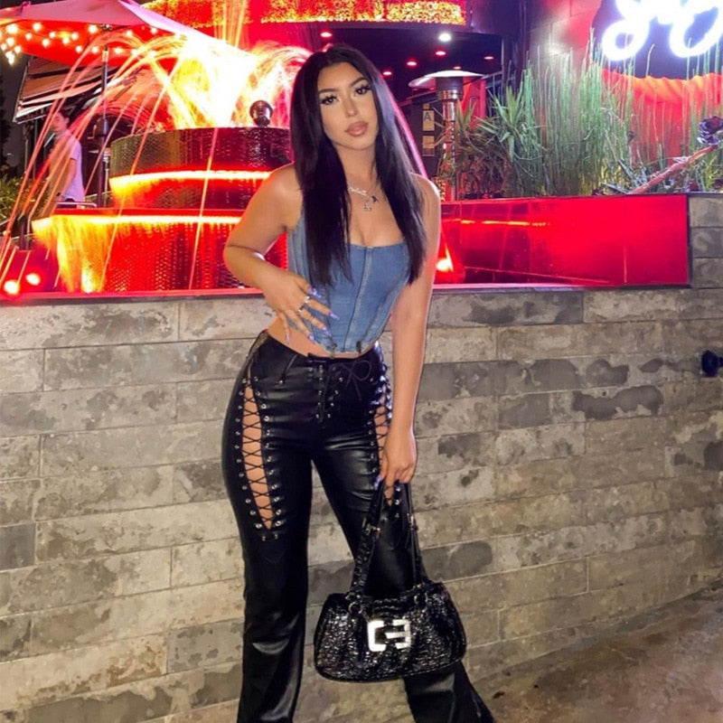 Women's Lace Up PU Leather Pants Chic High Waist Hollow Out Sexy Y2K Drawstring Bandage Cut Out Gothic Faux Leather Trousers voguable