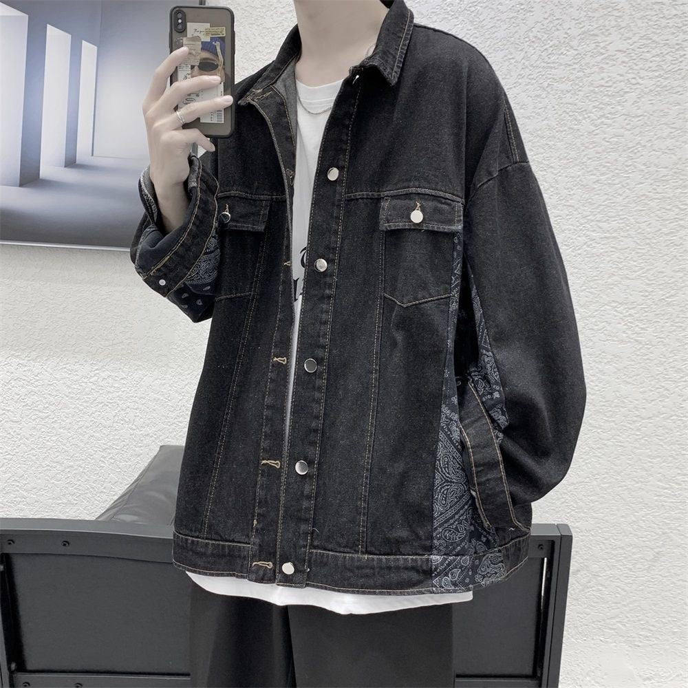 Vintage Cashew Blossom Patchwork Jackets Korean Streetwear Casual Man Denim Coats Single Breasted Hip Hop Outerwears voguable