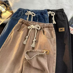 Spring New Women Vintage Jeans High Street Drawstring Wide Leg Female Denim Pants Fashion Straight Unisex Casual Trousers voguable