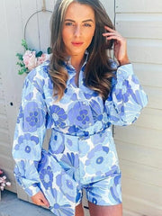 Flower Print Blue Short Sets Women Matching Set Blue Summer Spring Two Pieces Sets Suits Oversized Top Shorts 2023 voguable