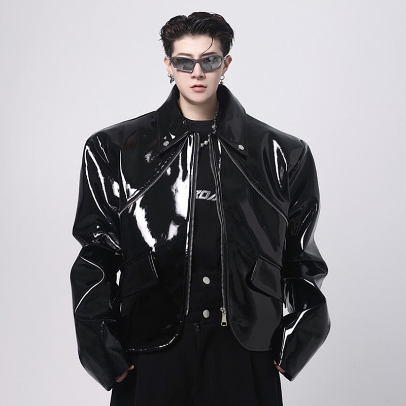 Personality Zipper Decoration High Street PU Bright Leather Short High Short Jacket Men Solid Color Darkwear 9A5826 voguable