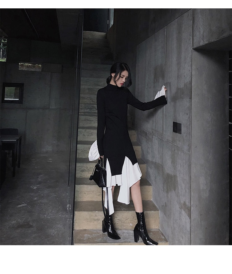 Korean Fashion Women Patchwork Knitted Sweater Dress Autumn New Solid Casual Vintage Ribbed Evening Vestidos Female Clothings voguable