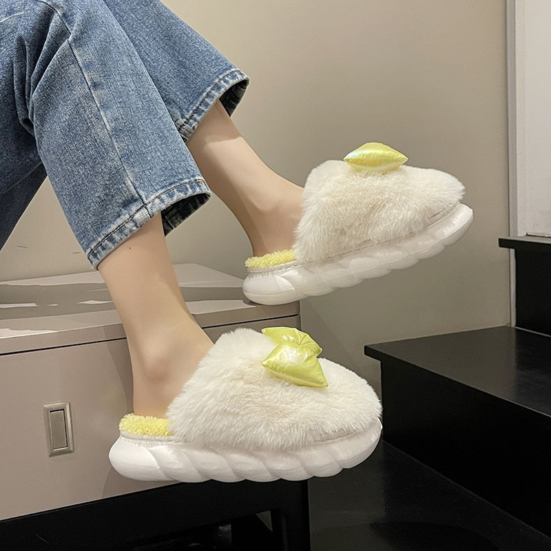 Winter Woman Slipper Low Butterfly-Knot Room Shoes Flock Platform Shallow Slides Fashion Pantofle Massage Rubber Luxury voguable
