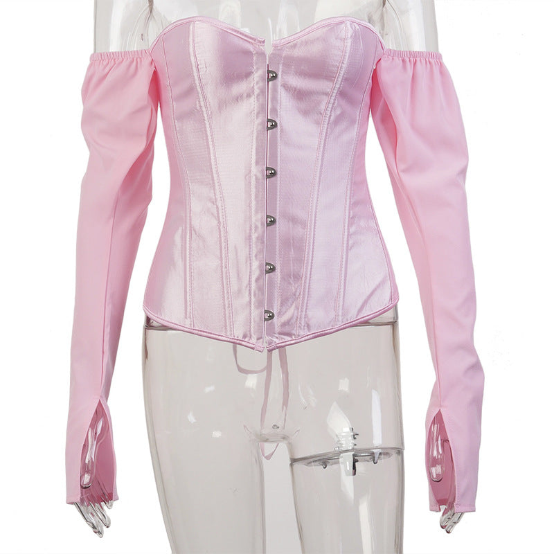 Voguable  Y2k Corset and Bustier Steel Bone Underbust Shaper T Shirts Spring Women Off Shoulder Corset T-Shirt Body Shaping Waist Outfits voguable