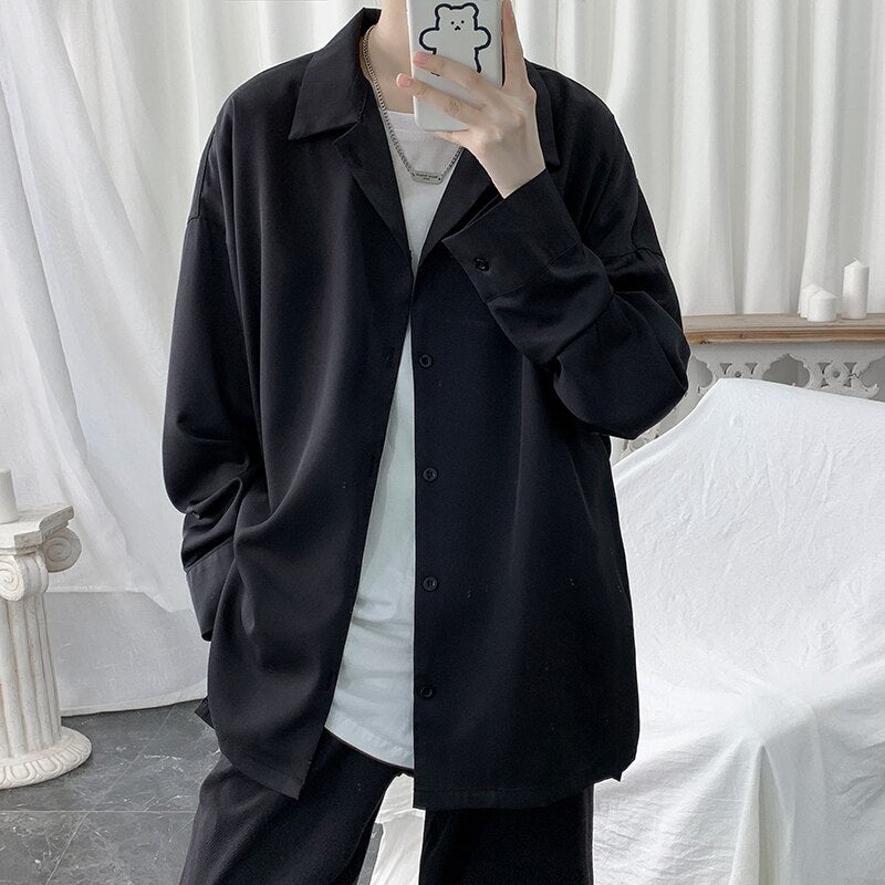 Voguable 2022  Summer Men Shirt Short Sleeve Solid Color Shirts For Man Vintage Harajuku Casual Oversized Blouses Fashion Men's Clothing voguable