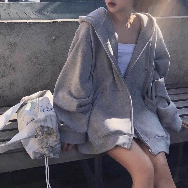 VOGUABLE  Women Hoodies Harajuku Korean Version Zip Up Loose Oversized Sweatshirts Casual Solid Color Long Sleeve Hooded Sweatshirt Coats voguable