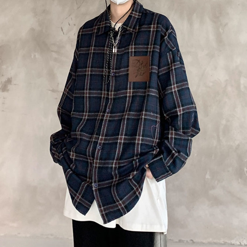 Men's Vintage Plaid Blouses Turn-down Collar Dark Streetwear Spring New Male Shirts Long Sleeve Casual Unisex Tops voguable