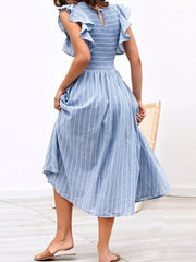 Voguable  Vintage striped women dresses long dress Ruffle sleeve linen elegant dresses Casual ruched fashion female vestidos 2019 voguable