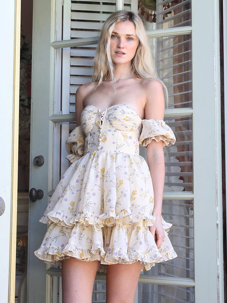 Voguable  WannaThis Floral Y2K Mini Dress Corset Off Shoulder Women Ruffle Sexy Puff Sleeve Summer 2022 Streetwear Chic Party Vestidos New voguable